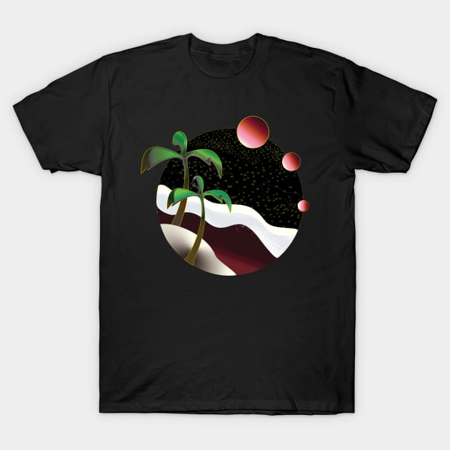 Night time Beach with Palm trees and three moons T-Shirt by Cobb's Creations